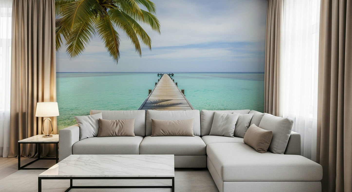 Detailed wood texture on a tropical pier wall mural with sea views., GD7681