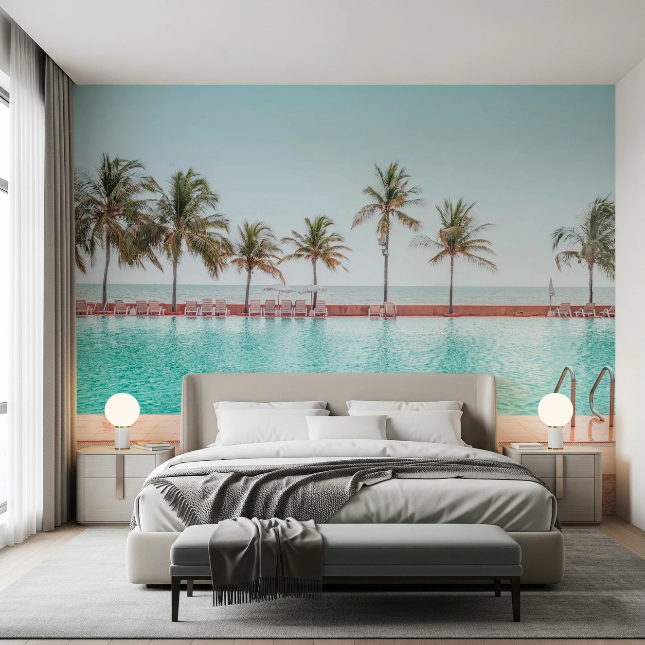 Tropical Poolside Wall Mural featuring a turquoise infinity pool and palm trees.