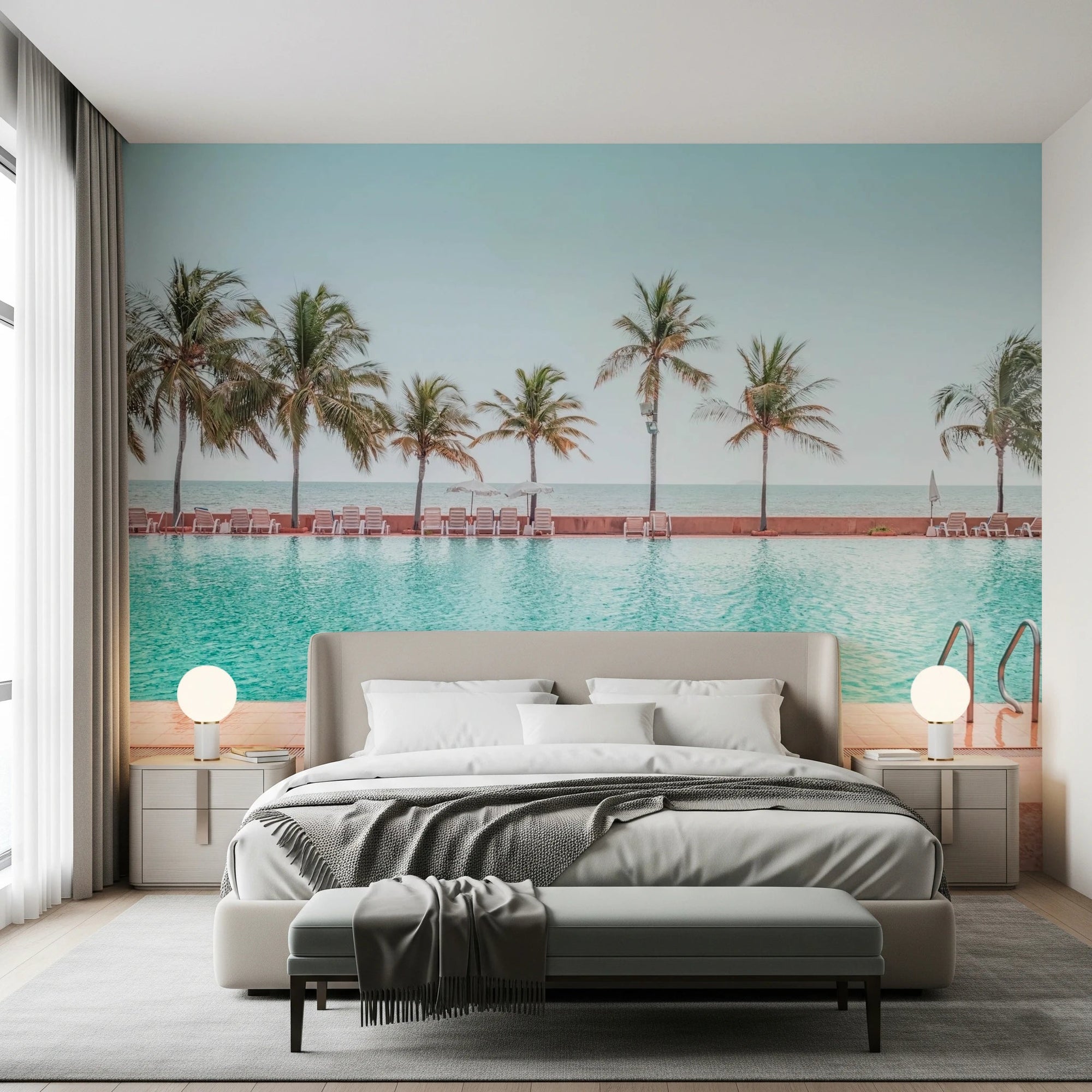 Tropical Poolside Wall Mural featuring a turquoise infinity pool and palm trees., GD8253