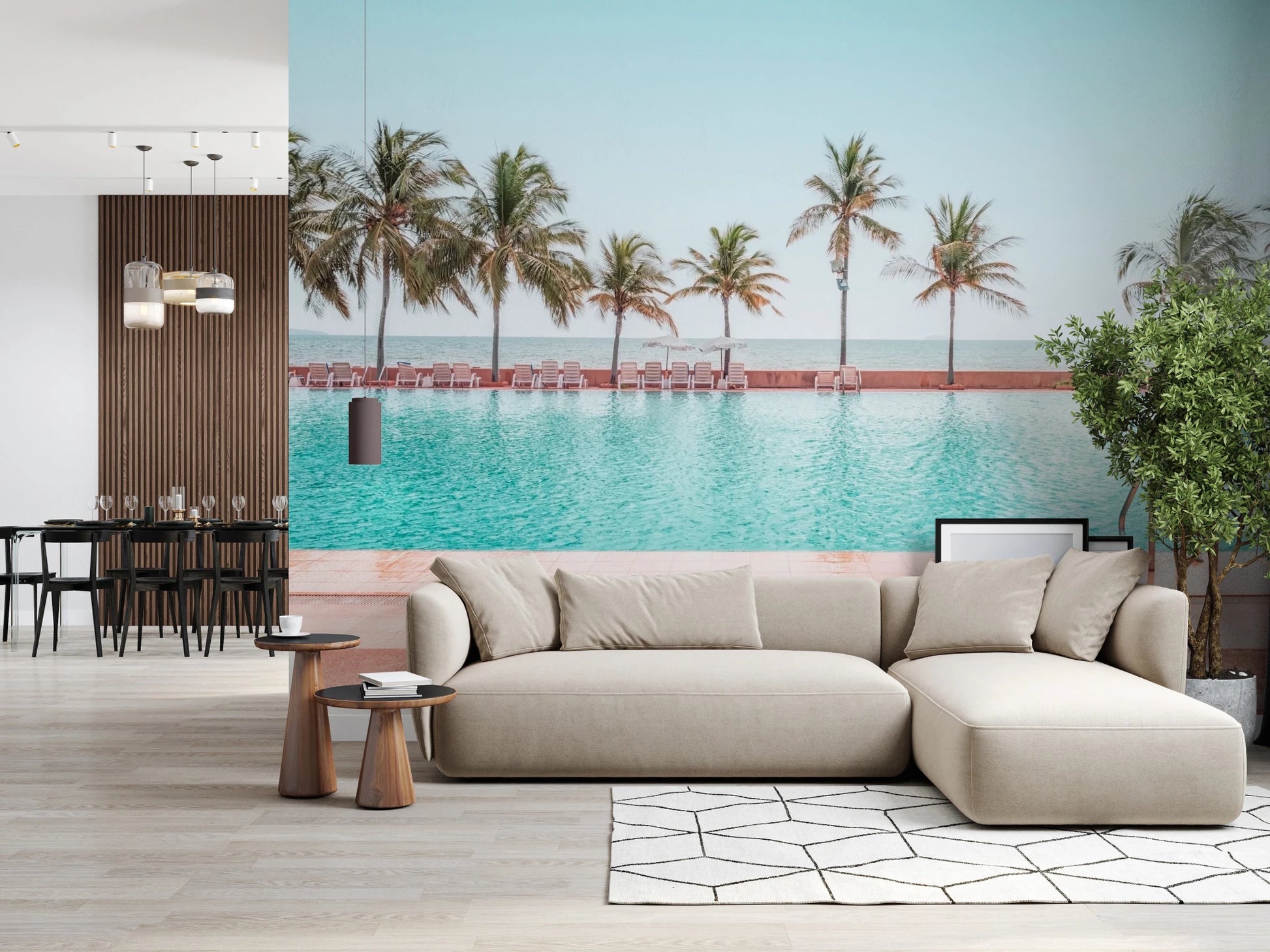 Refreshing aqua pool wallpaper with white umbrellas and sandy tones.