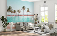 Serene blue water and palm tree wallpaper for a relaxing indoor atmosphere.