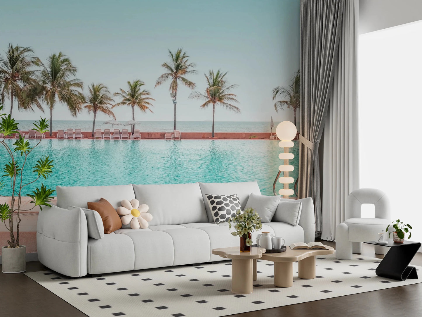 Tropical Poolside Wall Mural with bright sunlit outdoor scenery and pool rails.