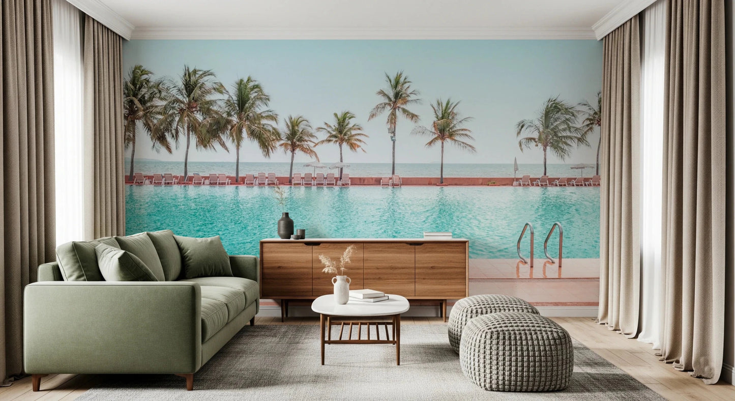 Horizontal landscape wall mural of a tropical paradise with gentle sea waves.
