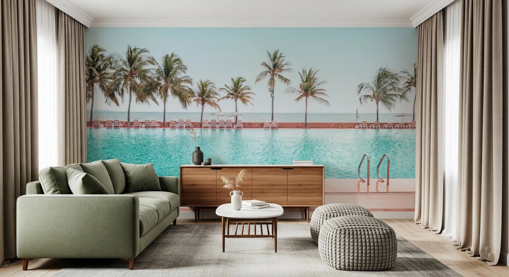 Horizontal landscape wall mural of a tropical paradise with gentle sea waves.
