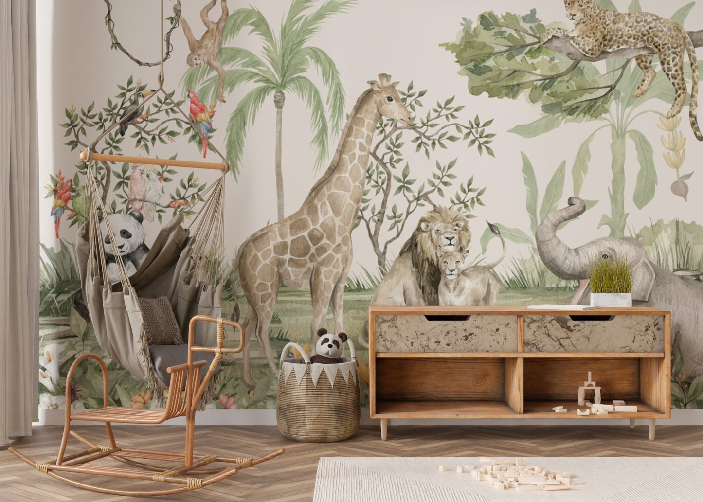 Playful rainforest animal wallpaper mural
