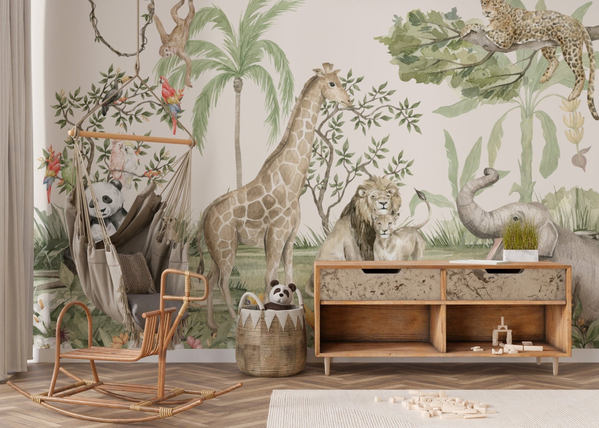 Playful rainforest animal wallpaper mural
