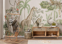Playful rainforest animal wallpaper mural
