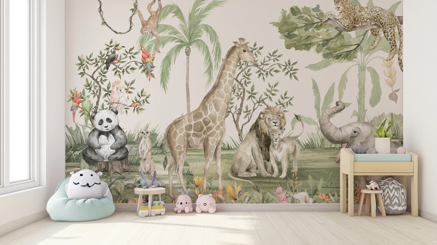 Giraffes and lions in jungle wallpaper
