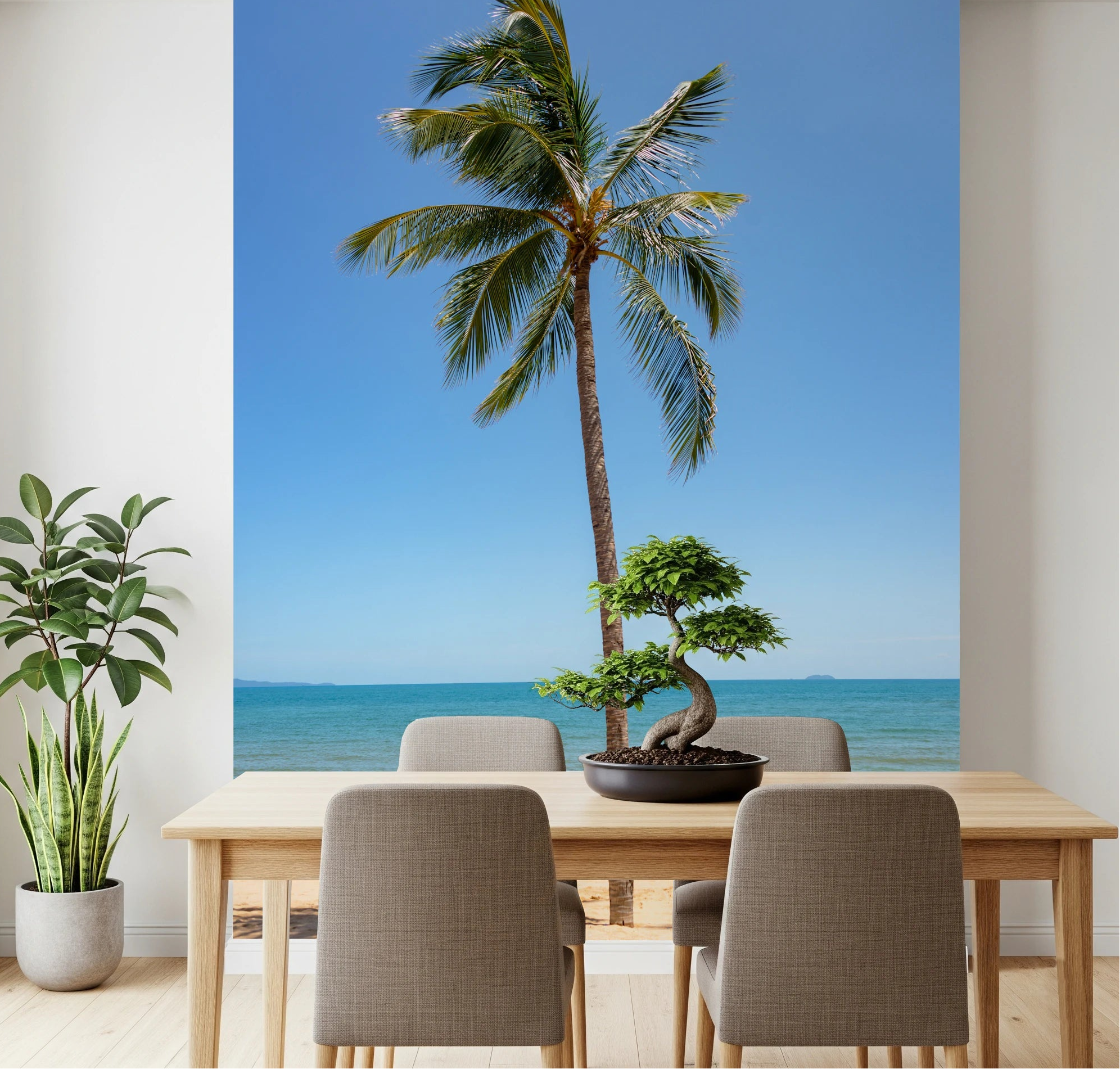 Dining area styled with Tropical Retreat wall mural featuring palm and ocean horizon, GD8319