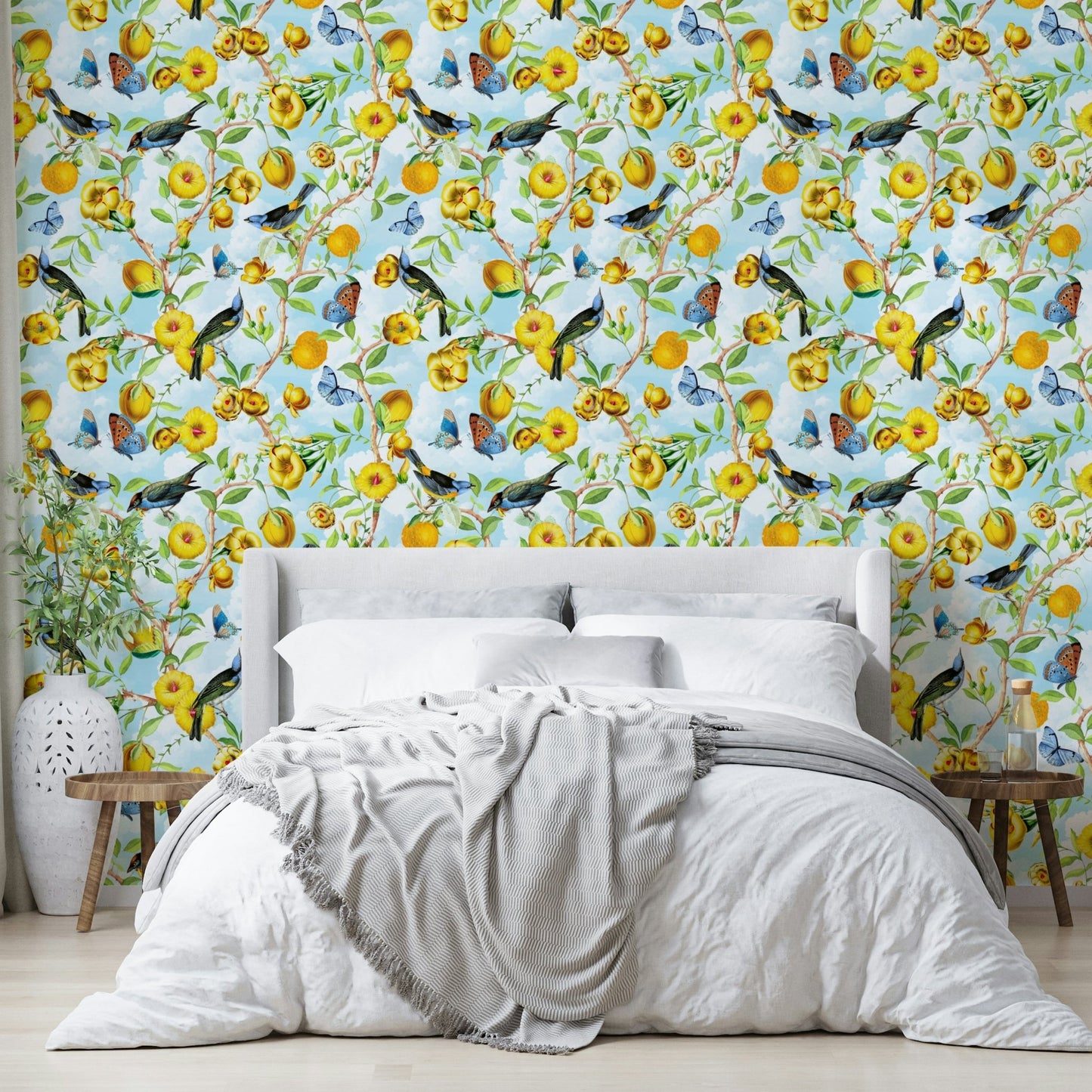 Vibrant tropical foliage wallpaper design.

