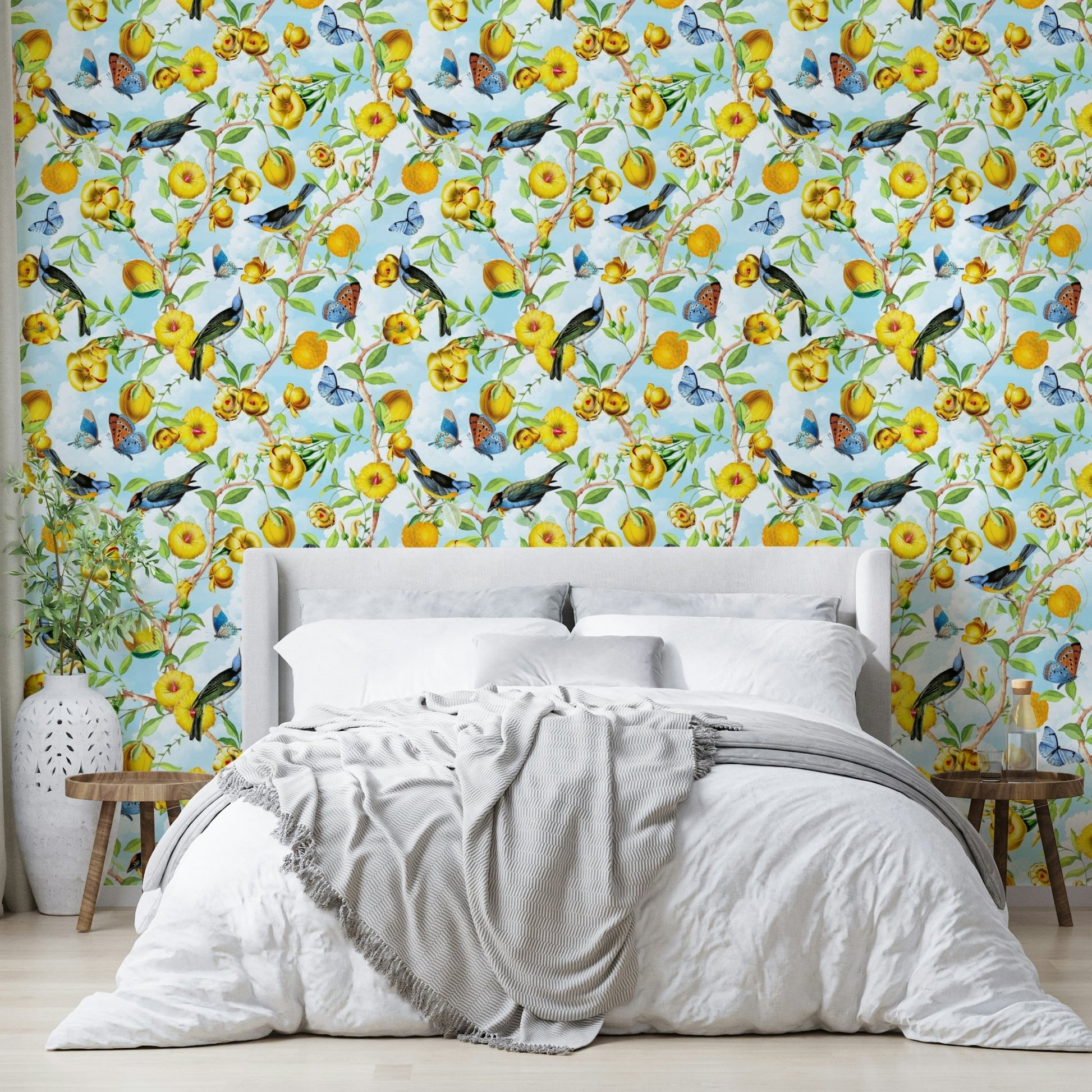 Vibrant tropical foliage wallpaper design.

