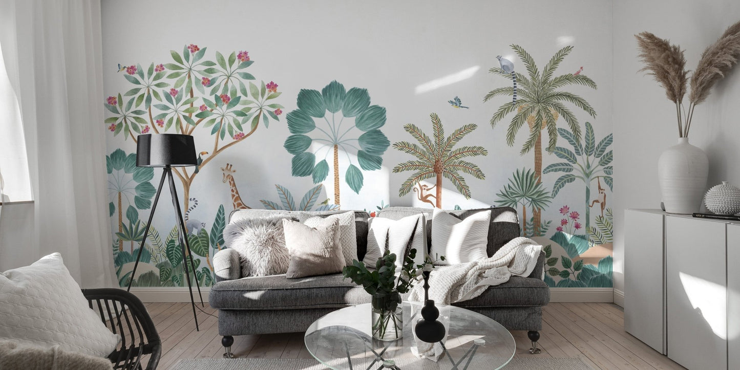 Tropical Safari Wallpaper with Giraffe and Palm Trees