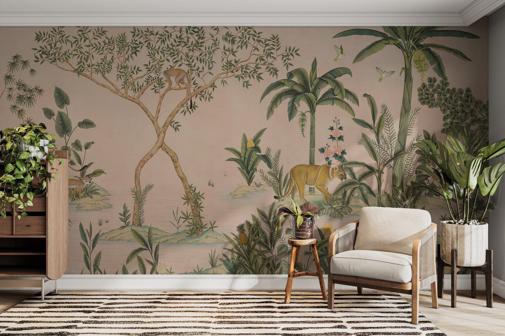 Tiger and birds in leafy pink wallpaper

