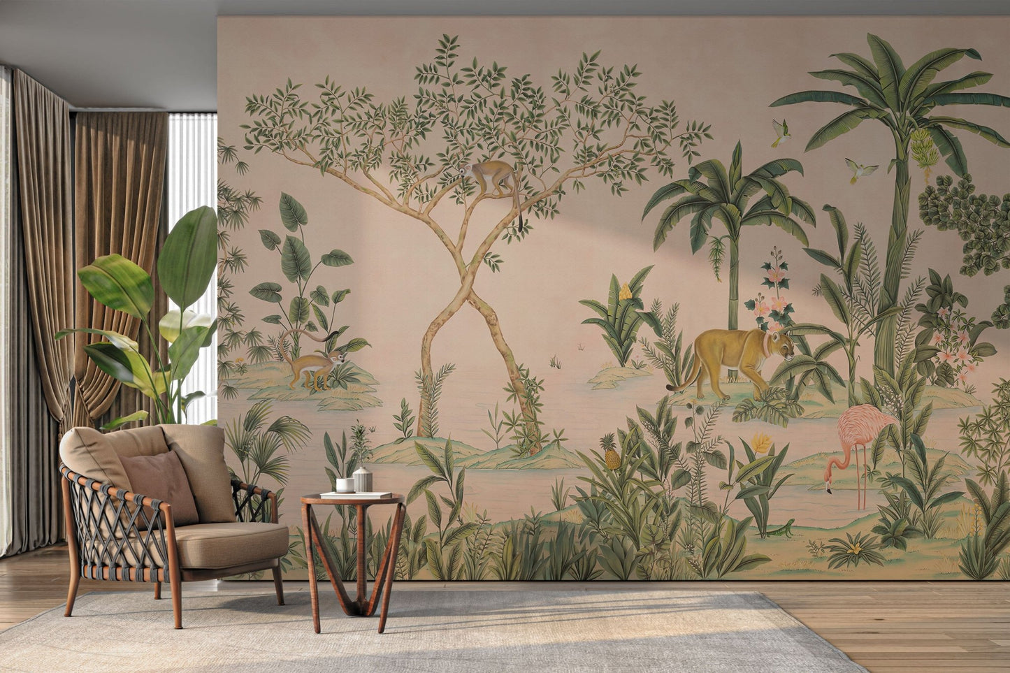 Tropical wildlife scene with palm trees

