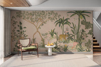 Monkeys and flamingo in tropical jungle

