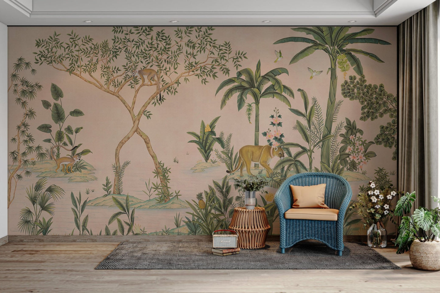 Pink tropical safari mural for kids room

