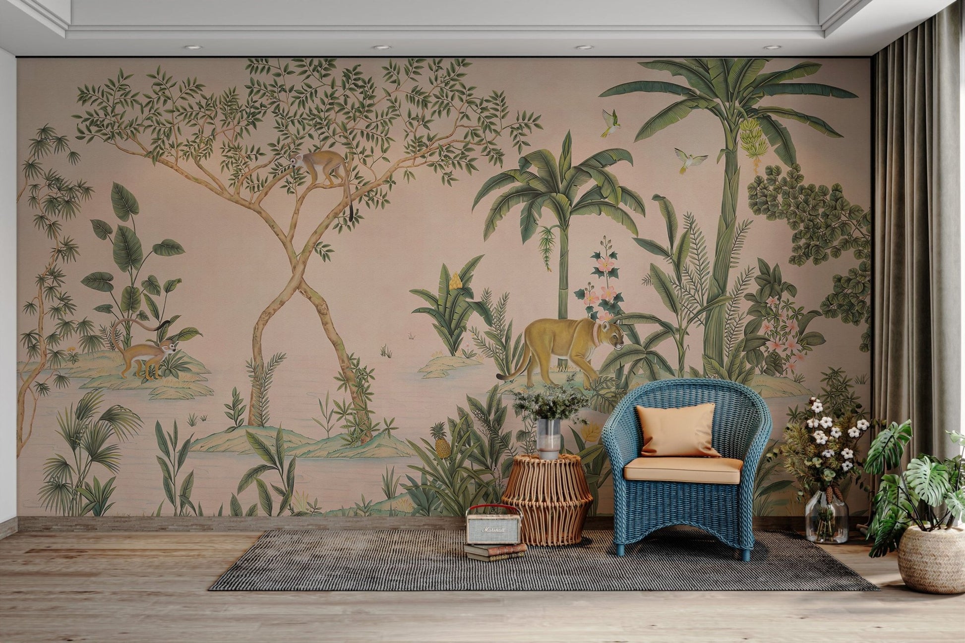 Pink tropical safari mural for kids room

