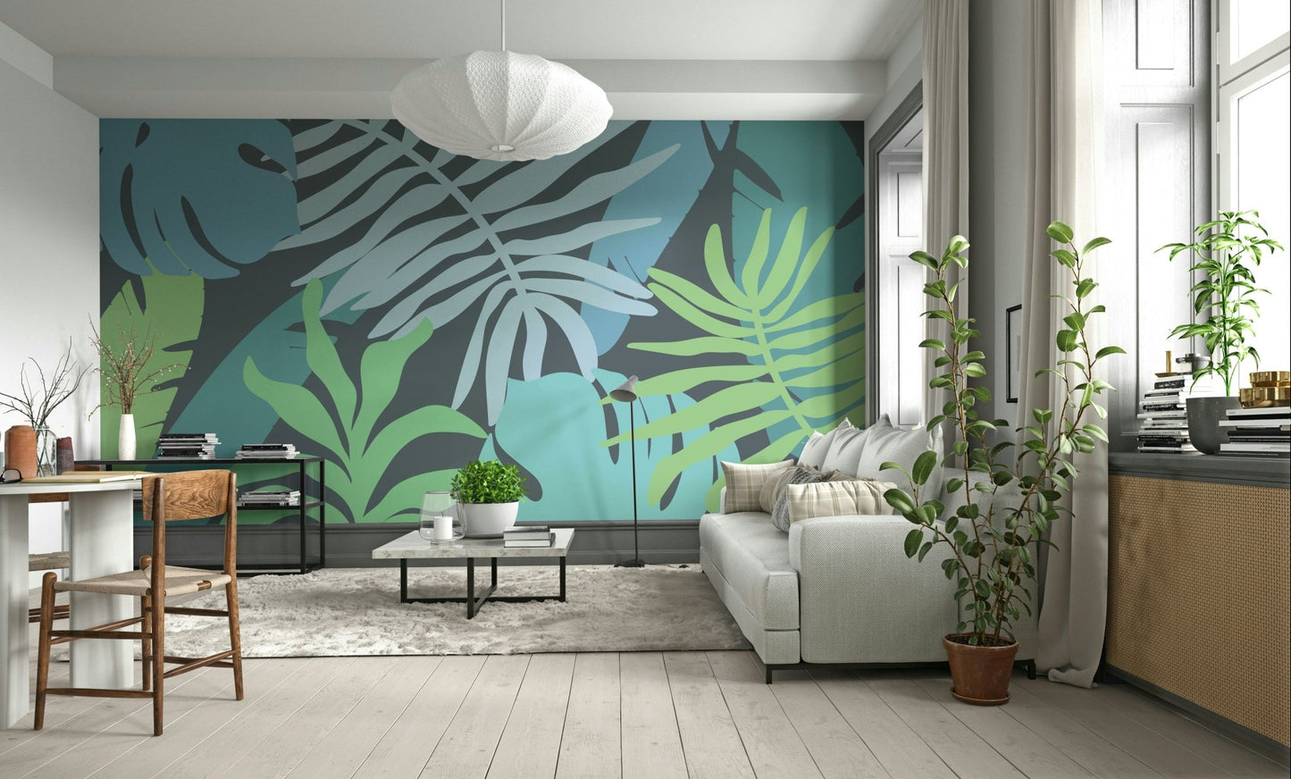 A calming exotic leaf wallpaper mural that defines a space.

