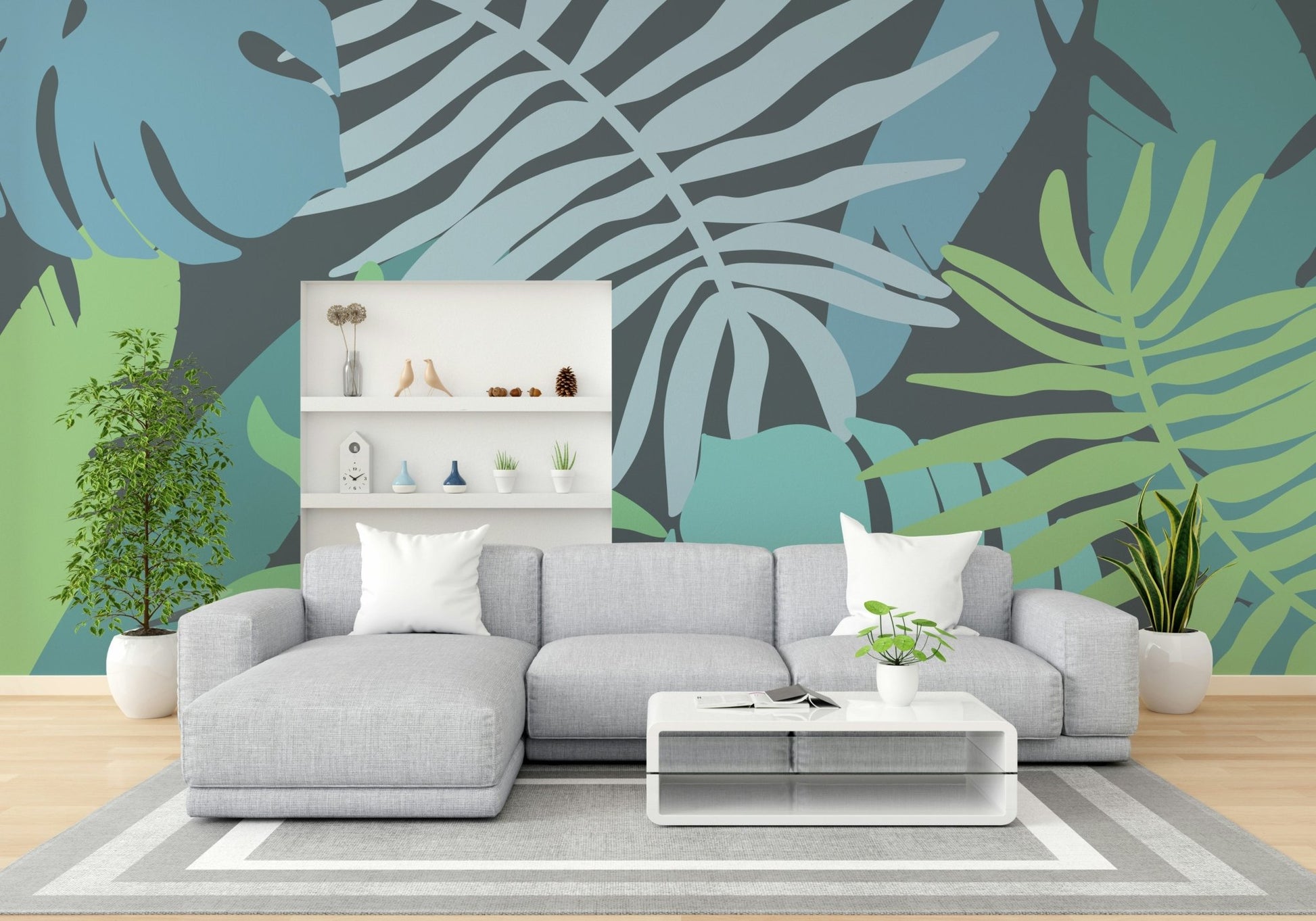 A graceful tropical foliage wall mural in bright, natural tones.

