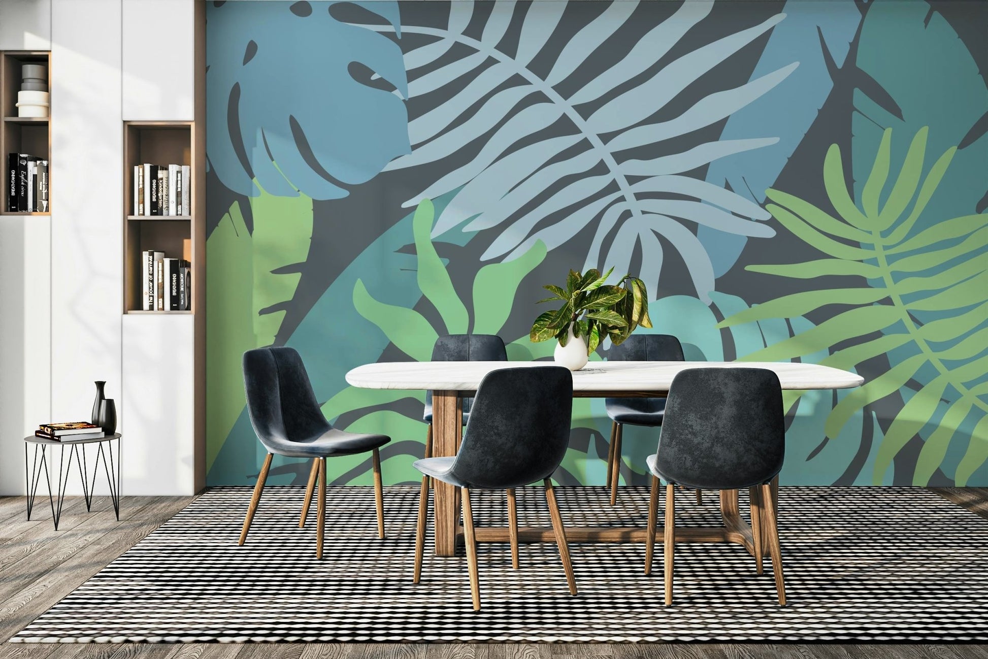 A peaceful island scene mural on decorative wallpaper.

