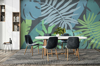 A peaceful island scene mural on decorative wallpaper.

