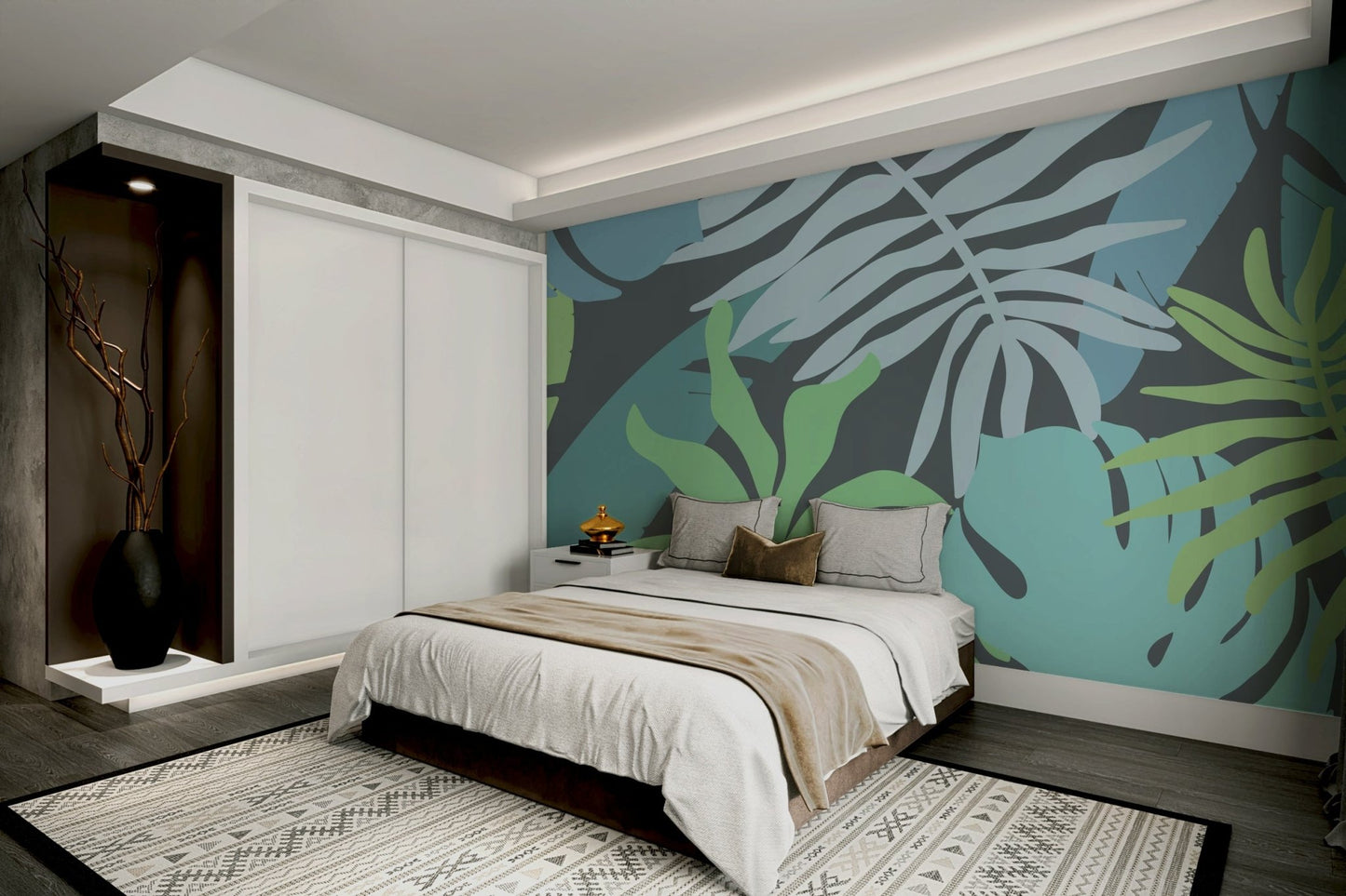 A contemplative palm leaf wallpaper mural for a feature wall.

