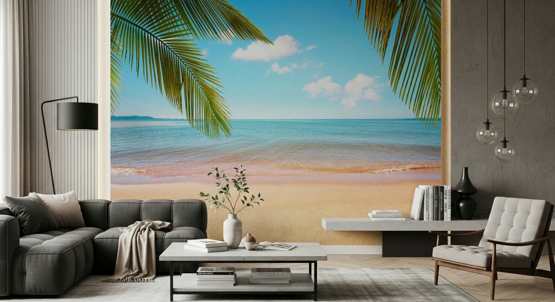 Tropical Shore Wall Mural adds soft coastal depth behind a modern lounge setup, GD7943