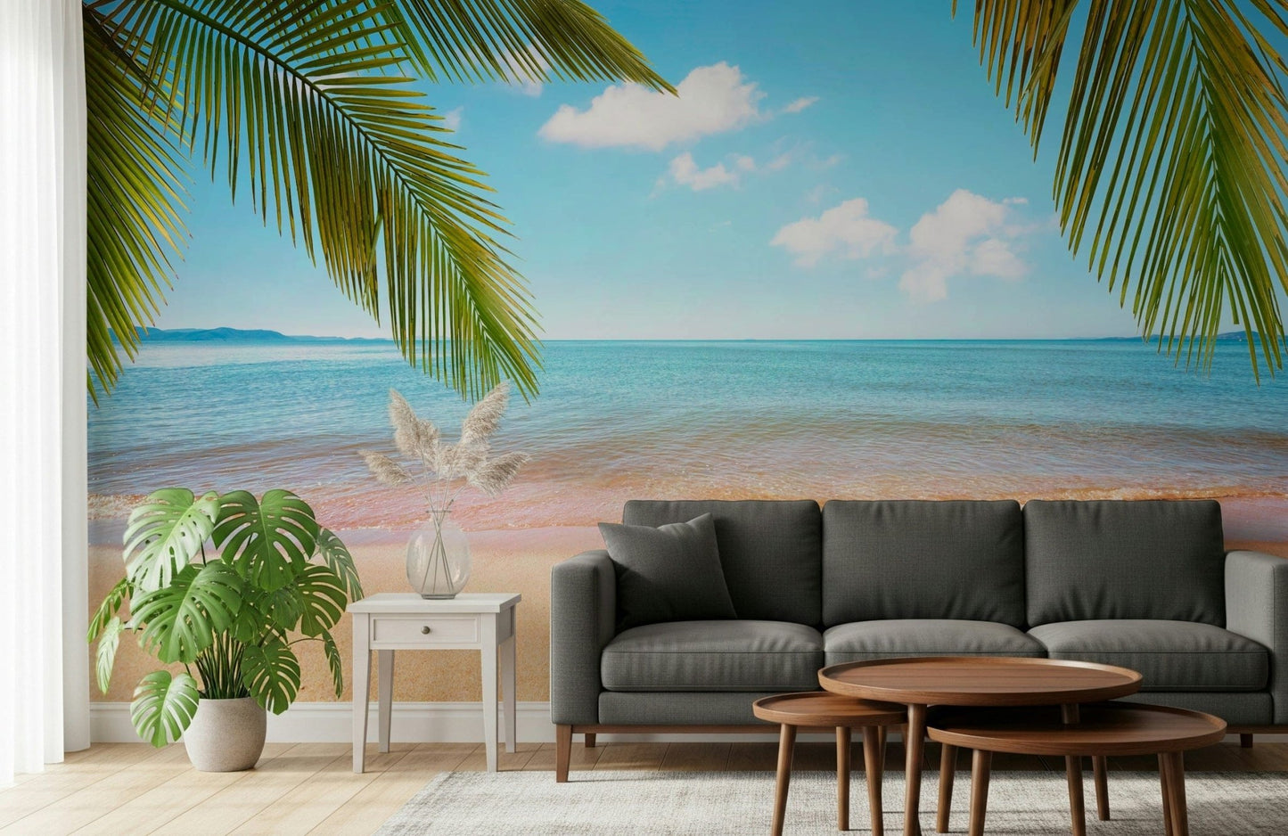 Dark sofa setting styled with Tropical Shore Wall Mural and open sea backdrop, GD7943