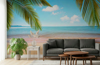 Dark sofa setting styled with Tropical Shore Wall Mural and open sea backdrop, GD7943
