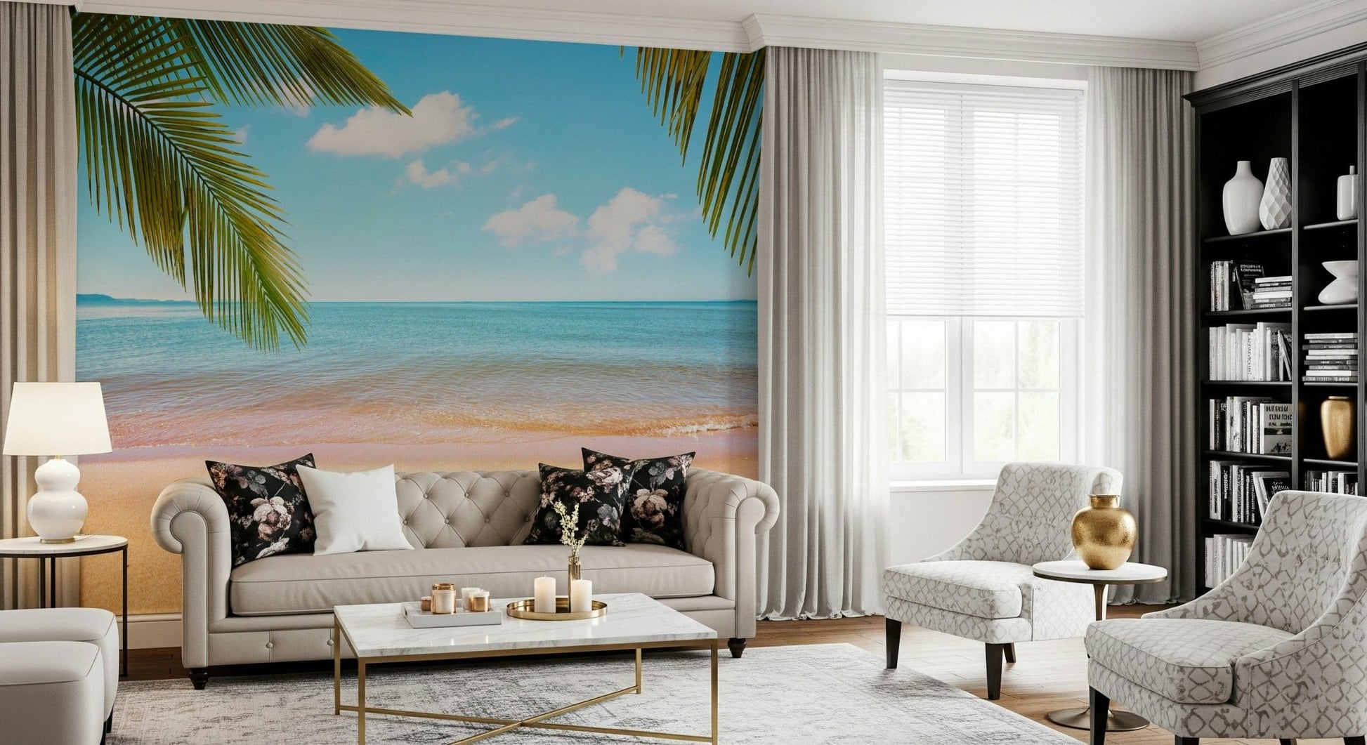 Classic sitting room finished with Tropical Shore Wall Mural and sandy shore view, GD7943