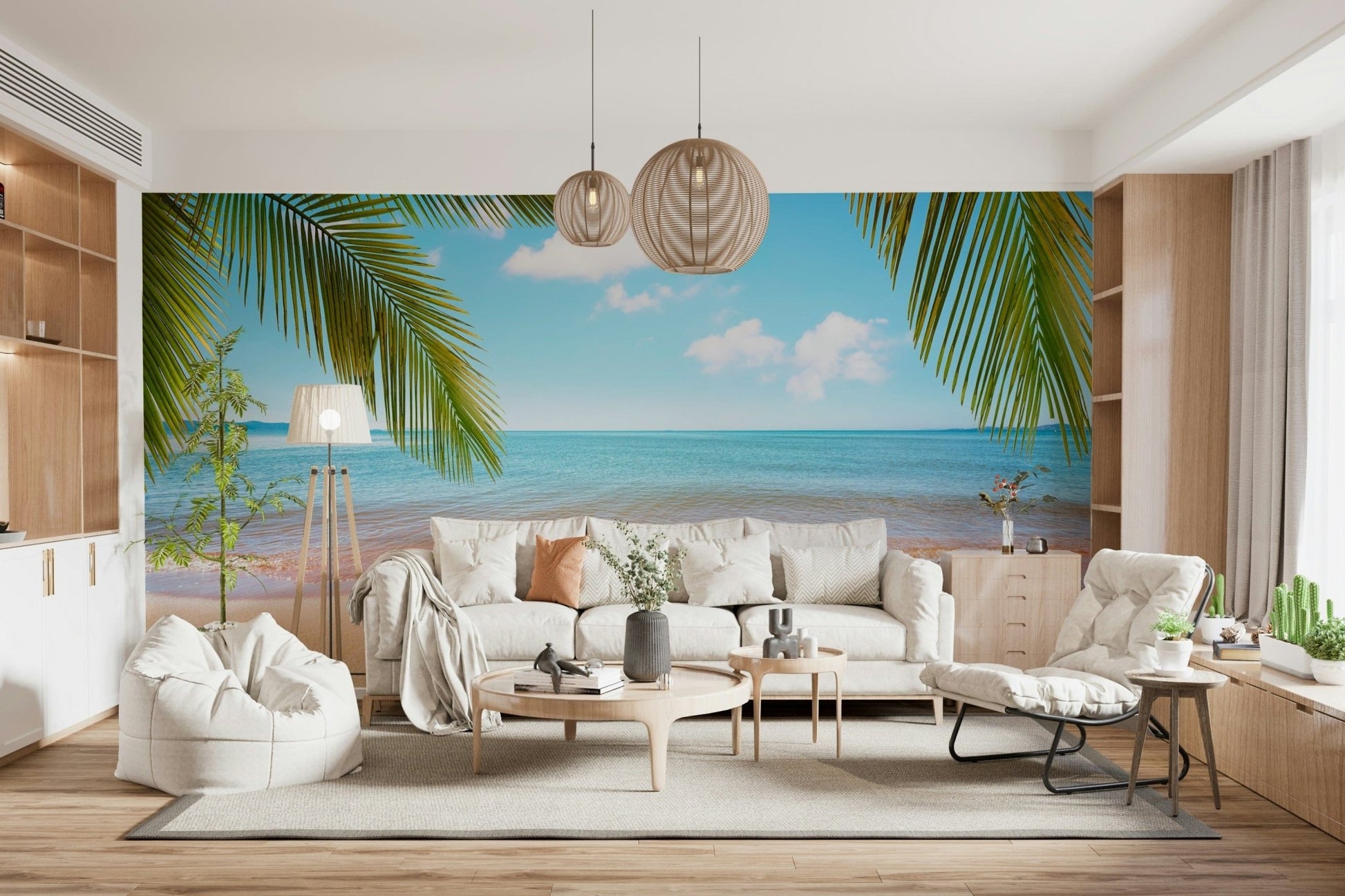 Spacious lounge framed by Tropical Shore Wall Mural and a gentle tropical coast, GD7943