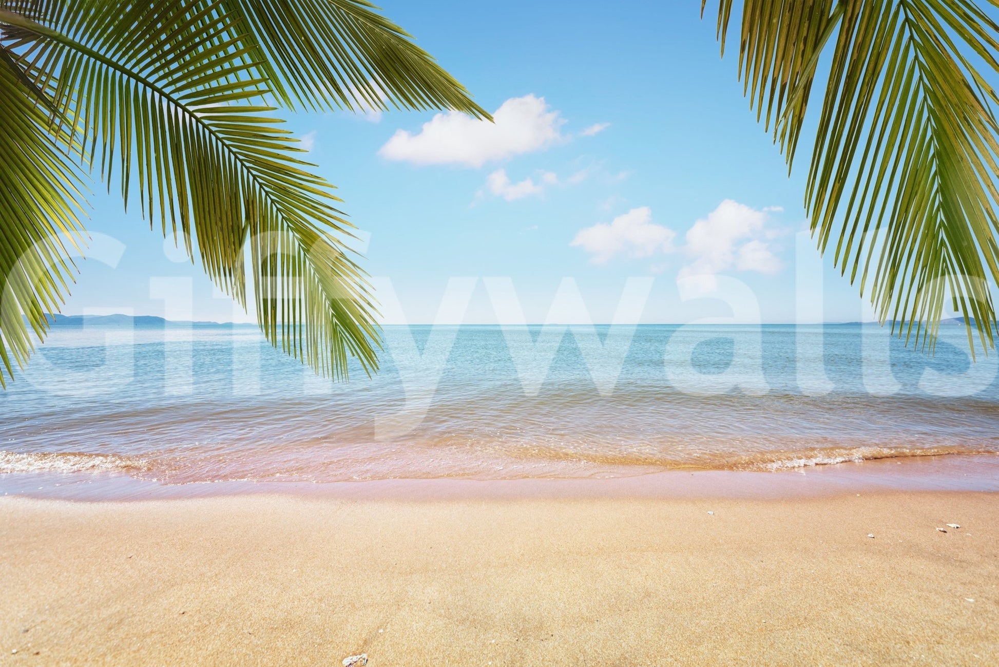 Tropical Shore wall mural with palm leaves, calm sea, and soft sandy beach ahead, GD7943