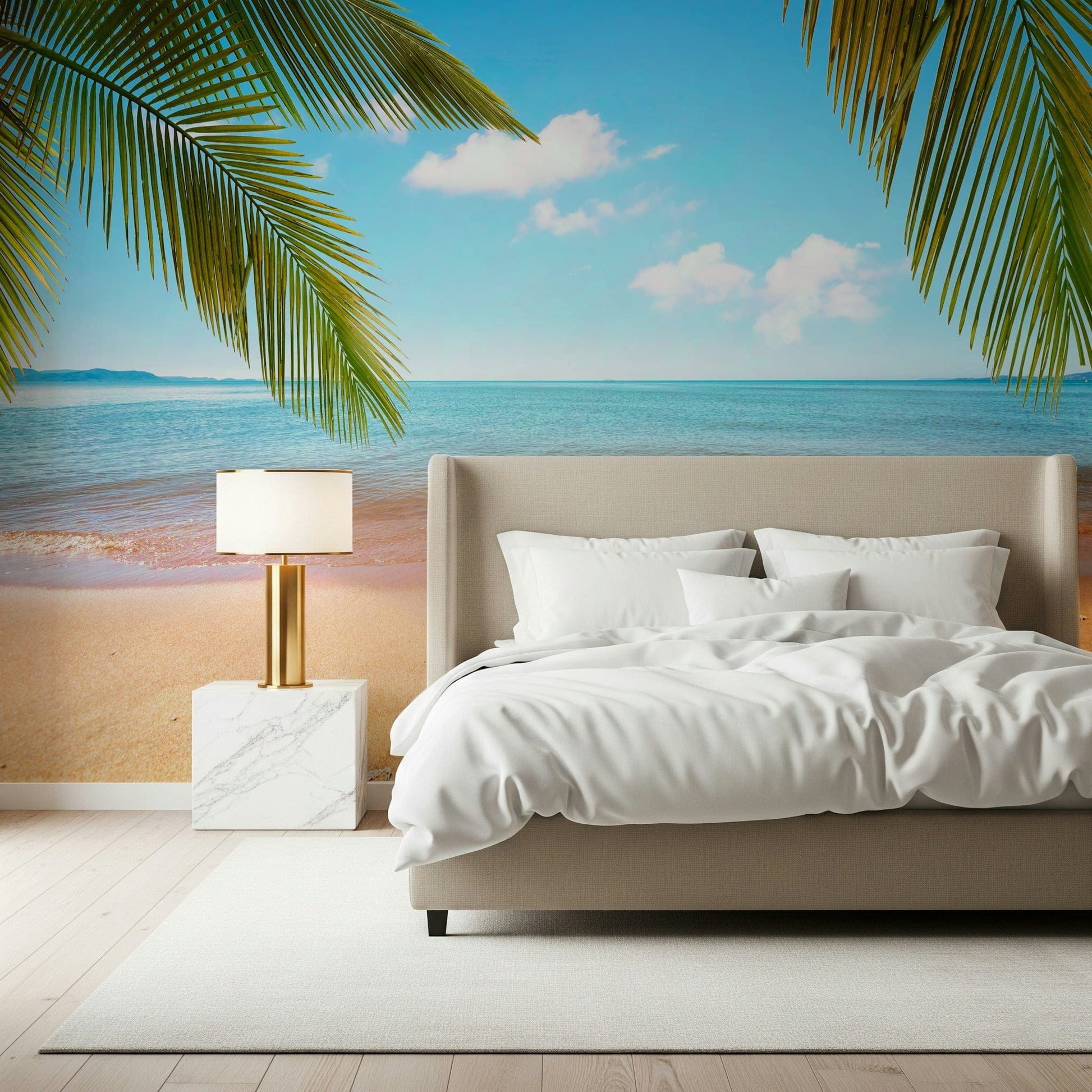 Tropical Shore Wall Mural brings beachside light and calm into a modern bedroom, GD7943