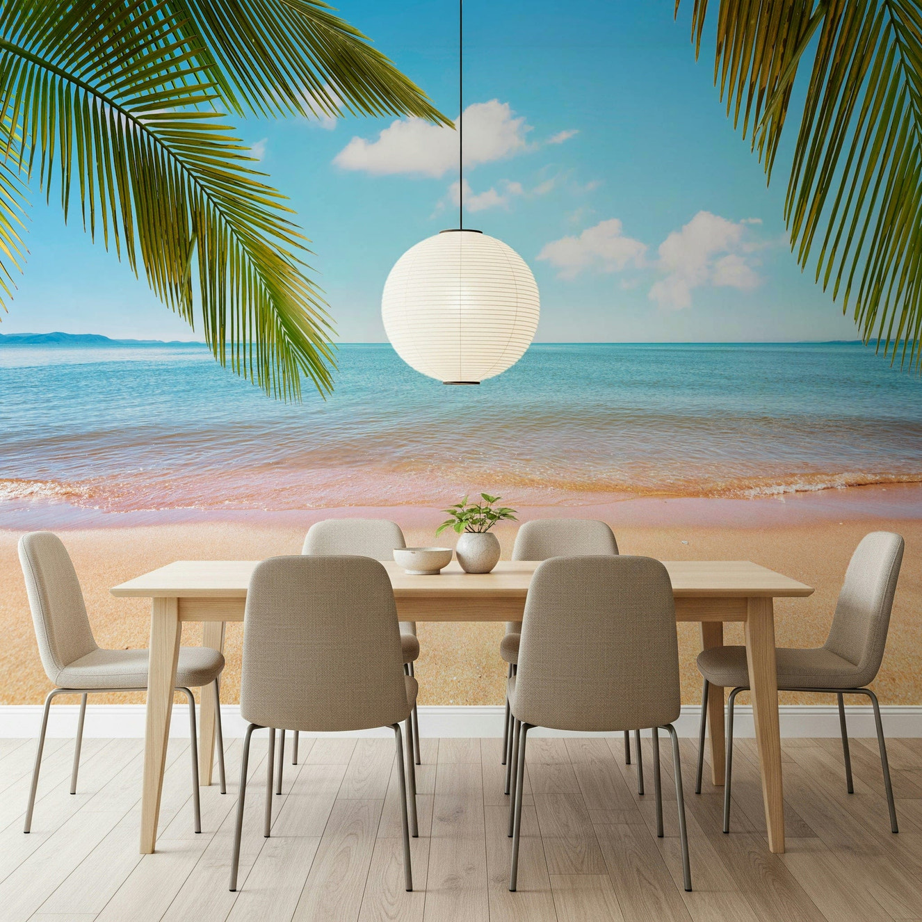 Dining room wall featuring Tropical Shore Wall Mural and soft oceanfront scenery