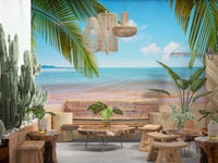 Tropical Shore Wall Mural pairs palm leaves and shoreline calm in a warm lounge, GD7943