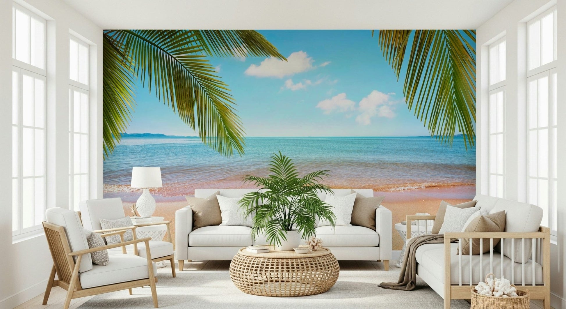 Tropical Shore Wall Mural brings a calm beach view into a bright living room, GD7943