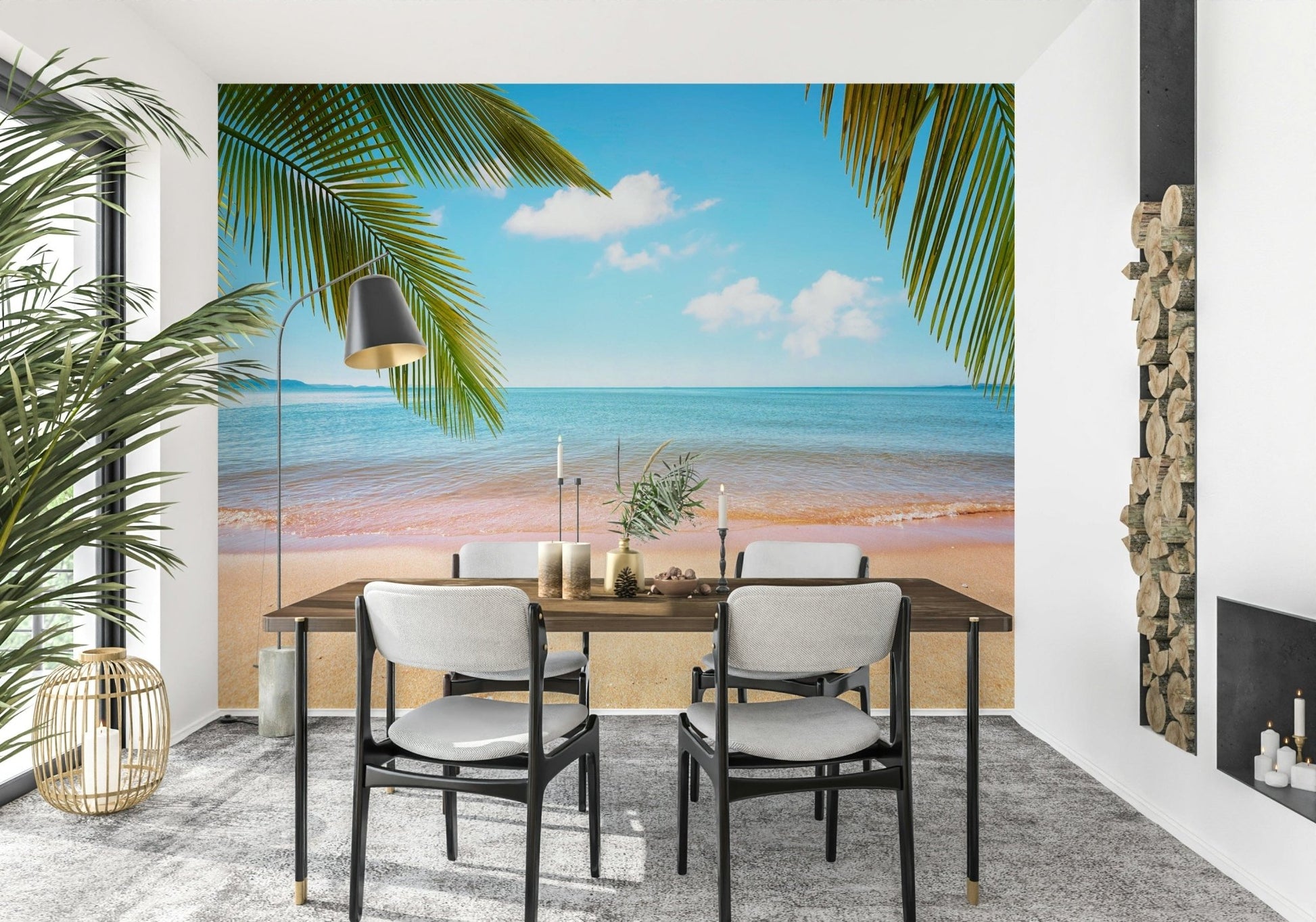 Dining area styled with Tropical Shore Wall Mural and palm-framed sea horizon, GD7943