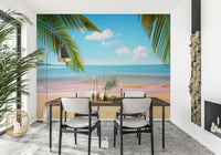 Dining area styled with Tropical Shore Wall Mural and palm-framed sea horizon, GD7943
