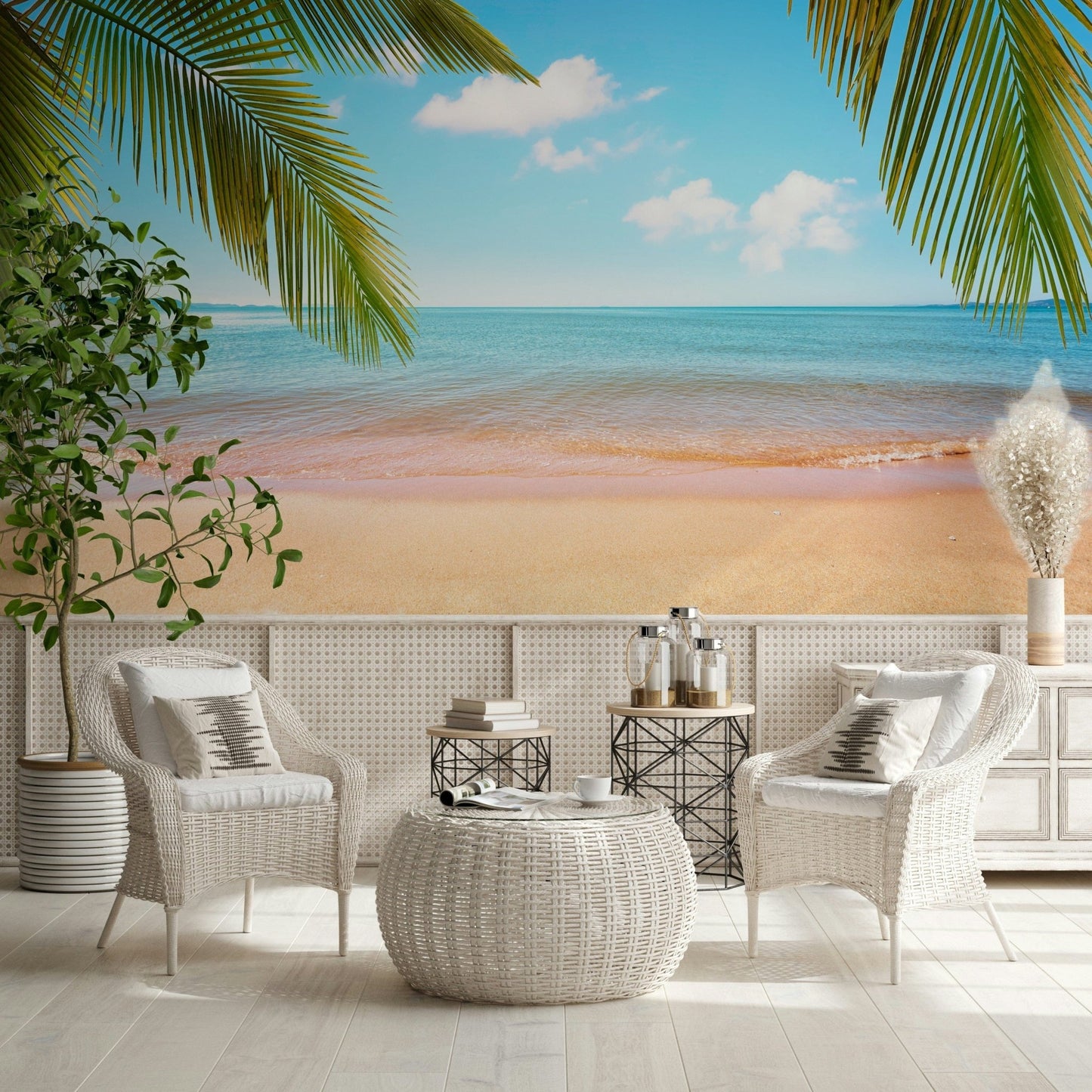 Tropical Shore Wall Mural creates a light beach mood in a sunlit seating space, GD7943