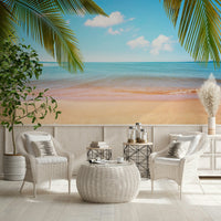 Tropical Shore Wall Mural creates a light beach mood in a sunlit seating space, GD7943
