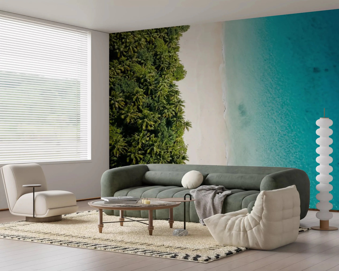 Bright living room accented by the Tropical Shoreline Serenity wall muralGD9515