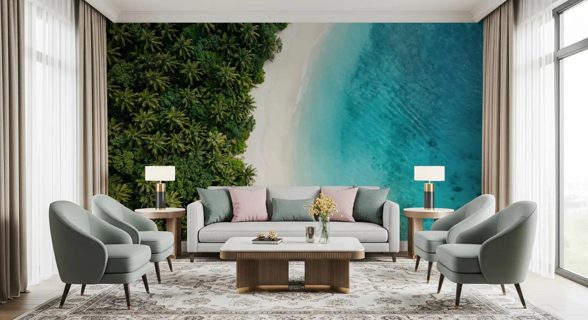 A bird's-eye view of palm forest meeting white sand on this Tropical Shoreline wall muralGD9557