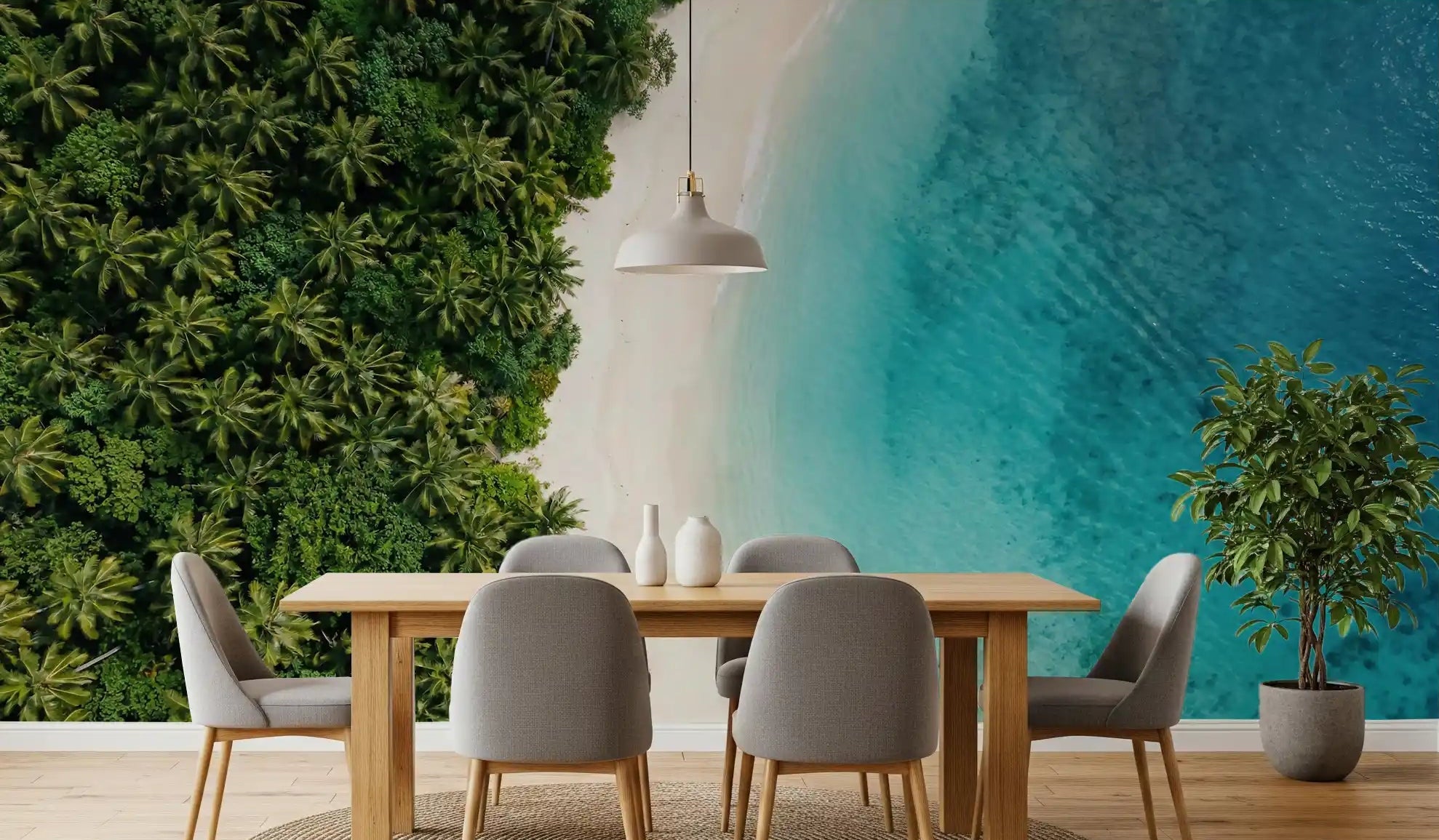 Dining room slips into a tropical hush beside this Tropical Shoreline wall mural
GD9557