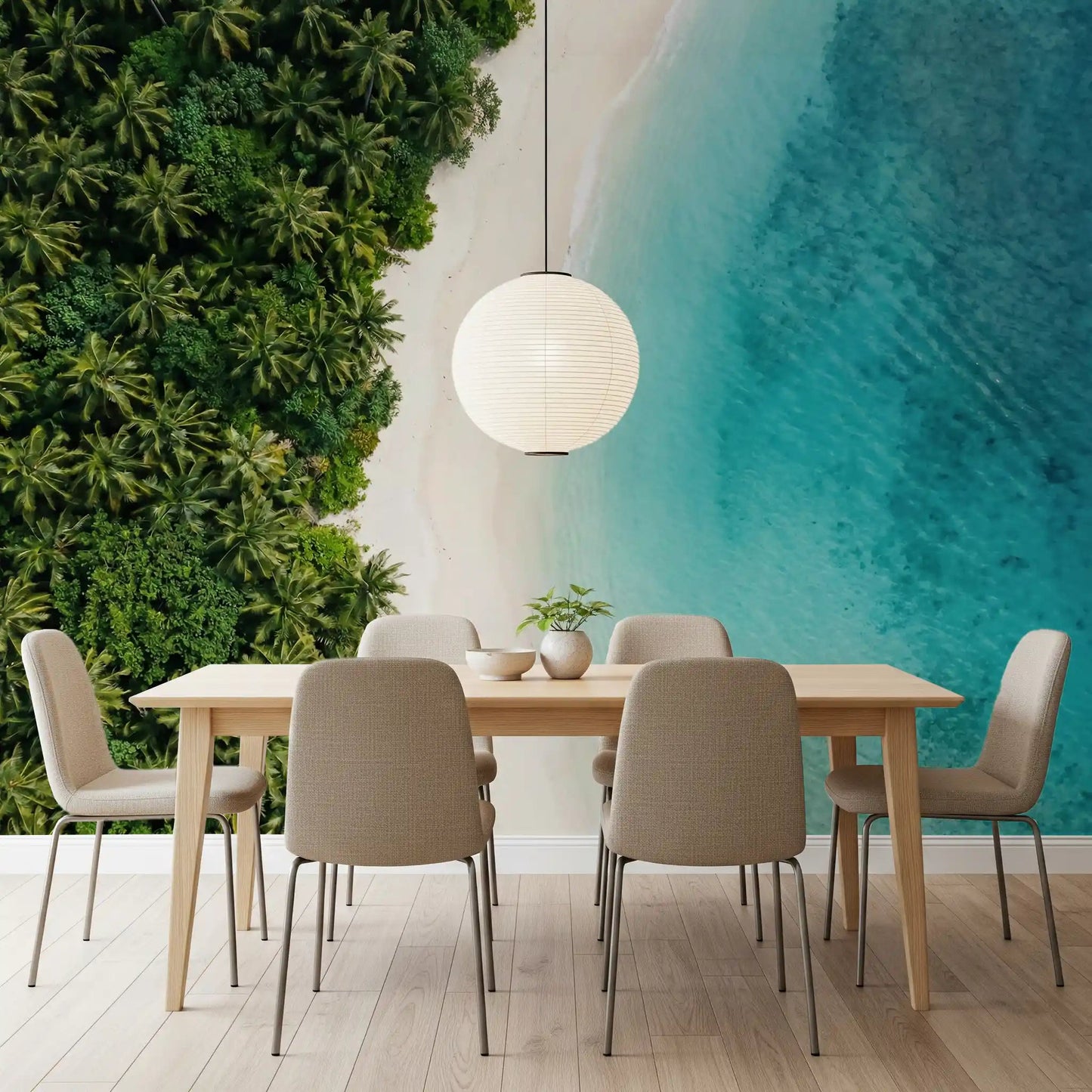 Crystal-clear turquoise water spreads over a coral reef on this aerial wall muralGD9557