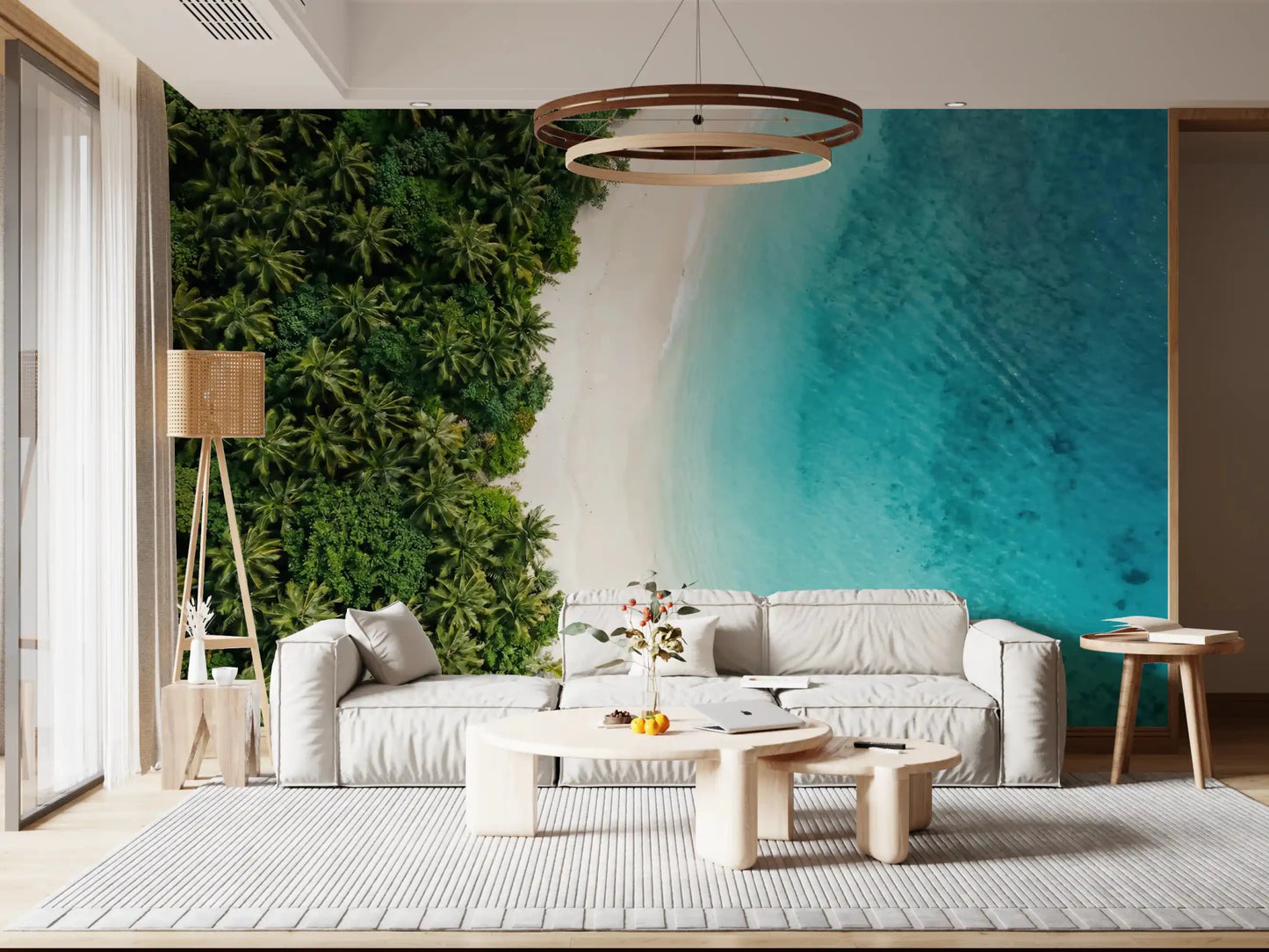 Dense green palms crowd one side of this Tropical Shoreline wall muralGD9557