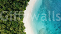 Curving shoreline runs between palm canopy and sea on this aerial wall muralGD9557