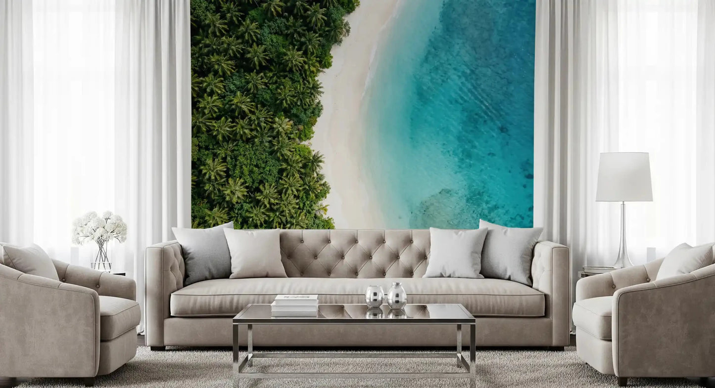 A living room glows beach-fresh next to this turquoise shoreline wall murallGD9557