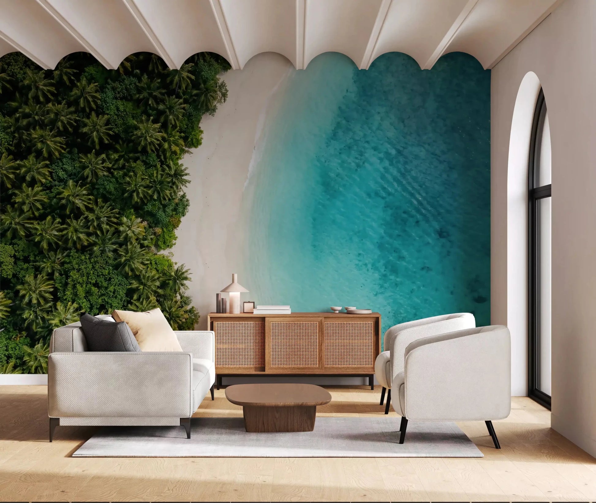 Living room wakes up to a tropical view through this aerial beach wall muralGD9557