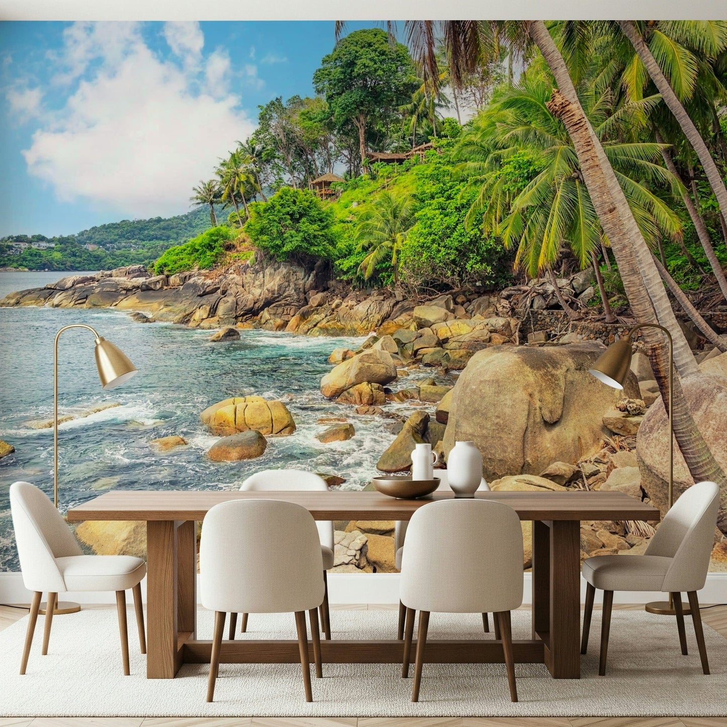 This dining space feels more open with Tropical Shores Wall Mural and sunlit bay detail, GD7949