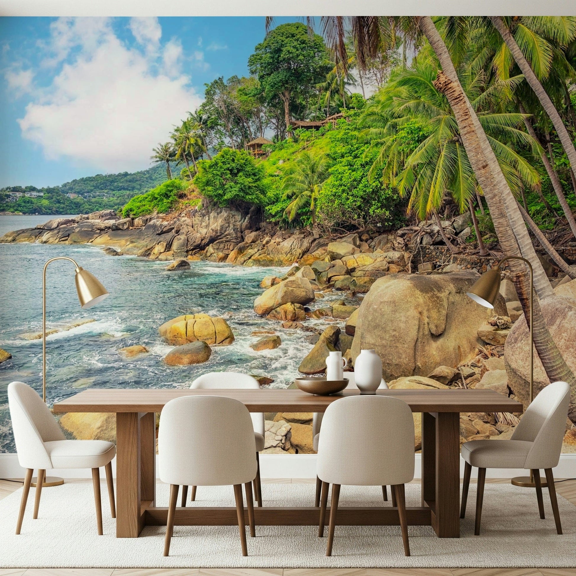 This dining space feels more open with Tropical Shores Wall Mural and sunlit bay detail, GD7949